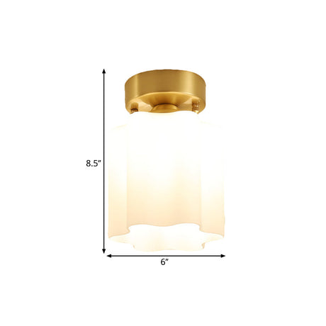 White Glass Brass Flush Lamp - Scalloped/Shell/Trapezoid Design 1-Light Cottage Ceiling Mount For