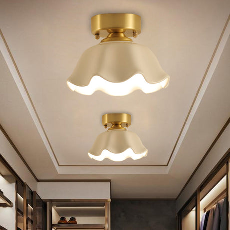 White Glass Brass Flush Lamp - Scalloped/Shell/Trapezoid Design 1-Light Cottage Ceiling Mount For
