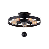 Industrial Style Wheel Semi Flush Light With Ball Accents - 5-Light Metal Ceiling Fixture Black