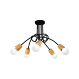 Loft Style Metal Ceiling Light With Open Bulb & Twisted Arm 3/5 Lights Wood Accent Perfect For