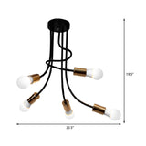 Industrial Iron Semi Flush Mount Light With 5 Gold Finish Heads And Curved Arm - Bare Bulb Ceiling