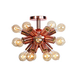 Vintage Copper Starburst Ceiling Light With Bare Bulb - Ideal For Restaurants (6/9 Heads)