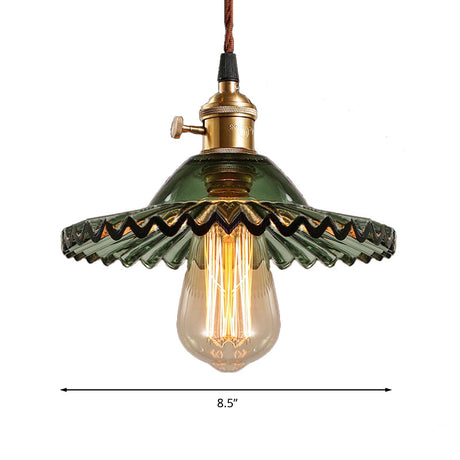 Industrial Glass Pendant Lamp In Green - Scalloped Prismatic Design Perfect For Dining Room Lighting