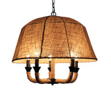 Industrial Beige Multi-Light Chandelier With Fabric Dome Shade - Hemp Rope Accent