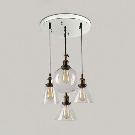 Clear Glass Modern Cluster Pendant With 4 Hanging Lights In Aged Brass / Round