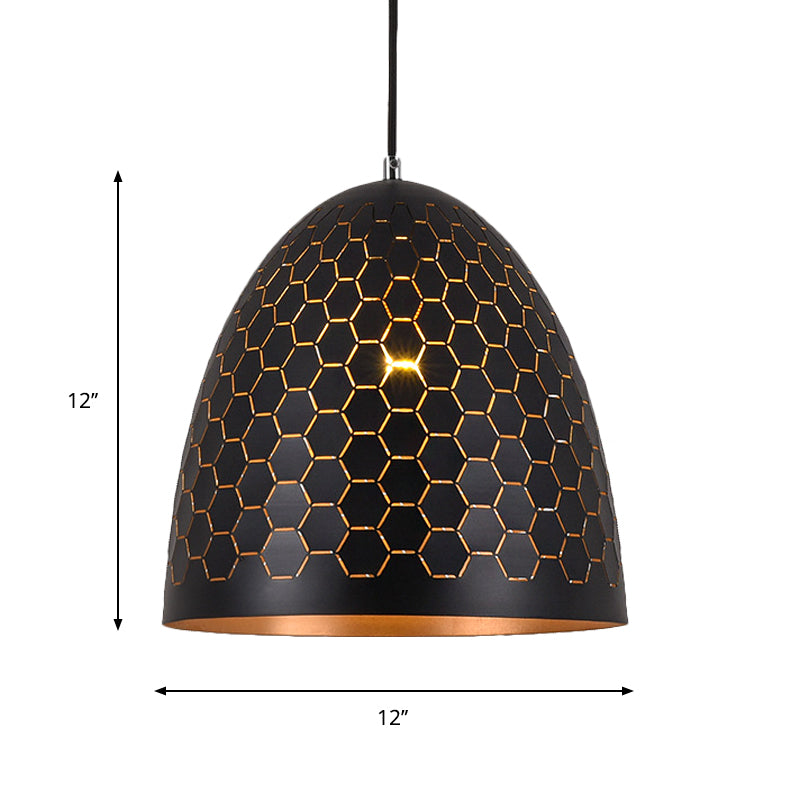 Domed Drop Pendant Light - Factory Black Metal Suspension With Honeycomb Pattern 10’/12’/16’ Wide