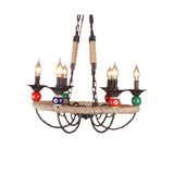 Industrial Metal Chandelier With Roped Ring Bar And Billiard Ball Décor - 3/6 Lights Rust Hanging