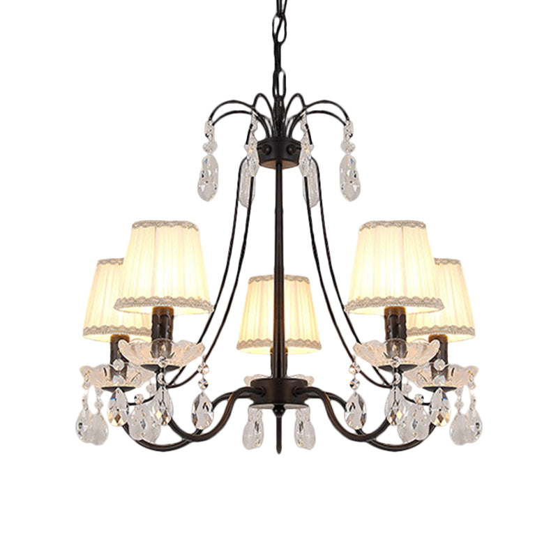Contemporary Cone Hanging Chandelier With Crystal Droplets - Black Finish For Restaurant Down