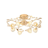 Gold Metal Leaf Design Semi Flush Mount Ceiling Light With Prismatic Crystal Flowers And 8 Bulbs -