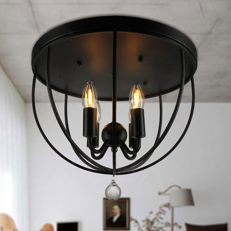Retro Black Metallic Flush Mount Ceiling Light With Wire Cage And Clear Crystal Ball - 1/4/5 Heads 4
