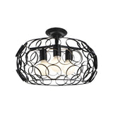 Black Drum Design Semi Flush Light - Vintage Retro Metallic 3-Head Foyer Mount 16/16.5 W
