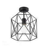 Geometric Cage Semi-Flush Ceiling Fixture - Industrial Black Metallic Finish Balcony Lighting