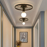 Retro Metal Pendant Light - Wheel Shaped Semi Flush Mount With 1 Bulb And Black Finish For Corridors