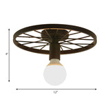 Retro Metal Pendant Light - Wheel Shaped Semi Flush Mount With 1 Bulb And Black Finish For Corridors