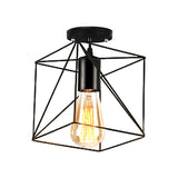 Rustic Farmhouse Semi Flush Mount Light: Barn/Oval Restaurant With Cage Shade & 1 Light Black