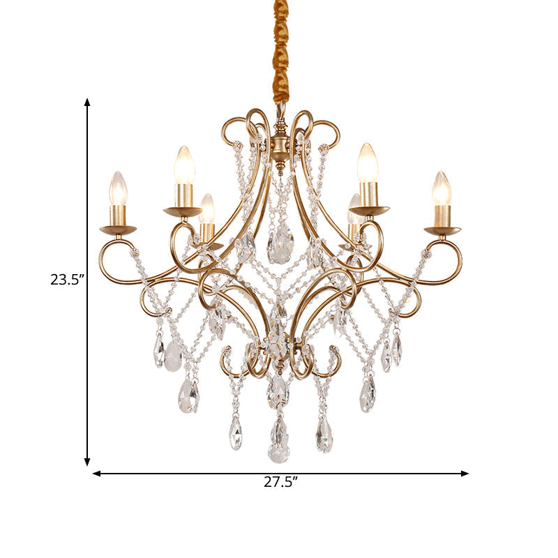Contemporary Metal Candlestick Chandelier With Crystal Accent - 6-Light Gold Ceiling Pendant Lamp