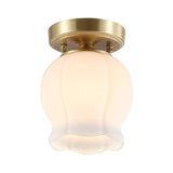 Vintage Brass Bud Semi-Mounted Ceiling Light Fixture With Cream Glass - 1 Bulb