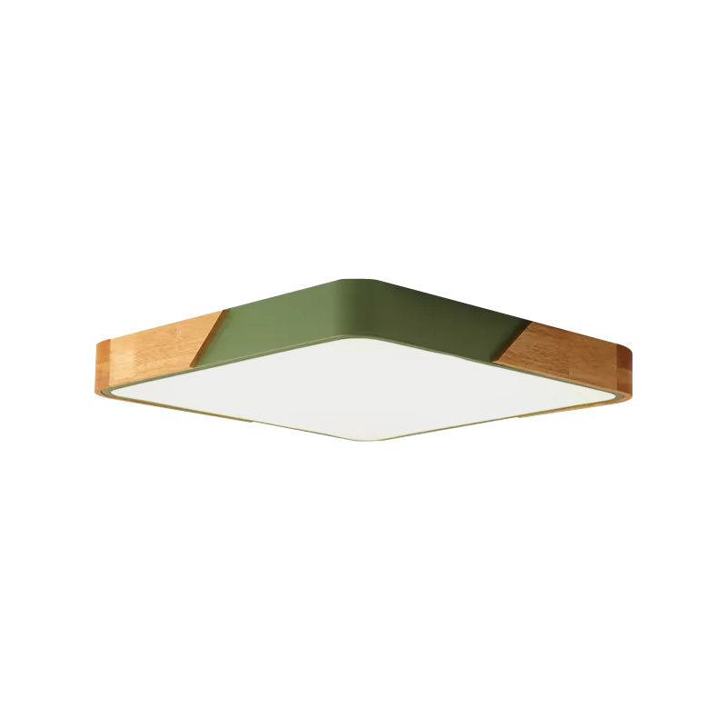 Kids Bedroom Ceiling Light - Nordic Green Square Flush Mount With Wood And Acrylic Shade / 12 White