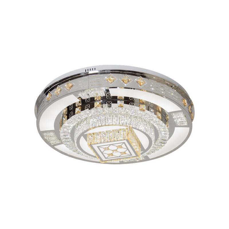 Modern Chrome Led Round Flush Mount Crystal Ceiling Light In Warm/White 19.5’/31.5’ Wide