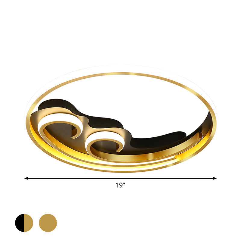 Metallic Led Nordic Flush Light Fixture - Waves Bedroom Semi Mount Lighting In Gold/Black-Gold