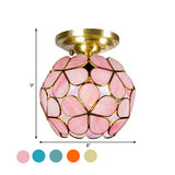 Victorian Style Single Light Flower Ceiling Fixture - White/Pink/Orange Stained Glass Semi Mount