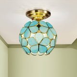 Victorian Style Single Light Flower Ceiling Fixture - White/Pink/Orange Stained Glass Semi Mount