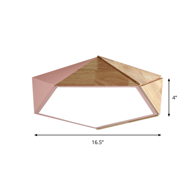 Macron Style Pentagon Study Room Ceiling Lamp In Green/Pink/Yellow - Acrylic & Wood Led Mount Light