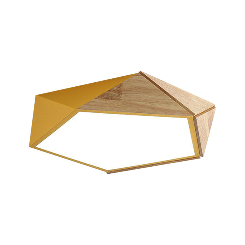 Macron Style Pentagon Study Room Ceiling Lamp In Green/Pink/Yellow - Acrylic & Wood Led Mount Light