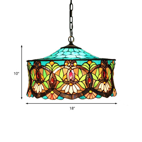 Victorian Drum Pendant Light With Stained Glass Shade - 18 W Perfect For Living Room Décor