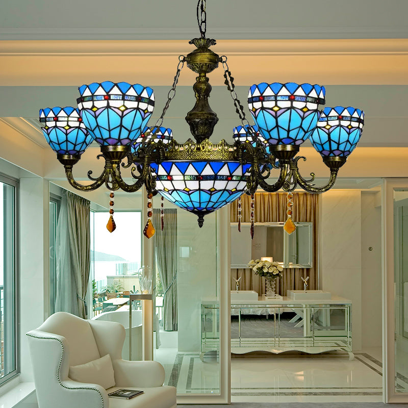 Tiffany Style Blue Chandelier With Amber Crystal And Jewel Accents For Dining Room Ceiling 7 /