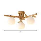 Semi Flush Opal Glass Ceiling Lamp With Wooden Branch - Creative Sphere Dining Room Light In Beige