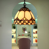 Dome Down Pendant Lamp Tiffany-Style Beige Stained Glass Entryway Suspension Light