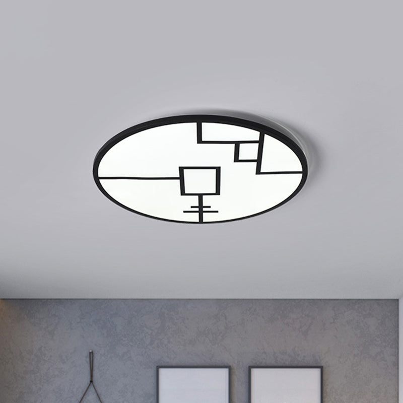 Modern Round Led Ceiling Light In Black/White With Geometric Pattern - Flush Mount Fixture For
