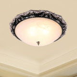 Rural Black Domed Flush Mount Lamp With Frosted Glass Ceiling And Leave/Flower Deco 3-Light 14/19.5