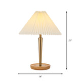 Countryside Conic Pleated Fabric 1-Head Night Table Lamp With Wood Round Pedestal - Gold Finish