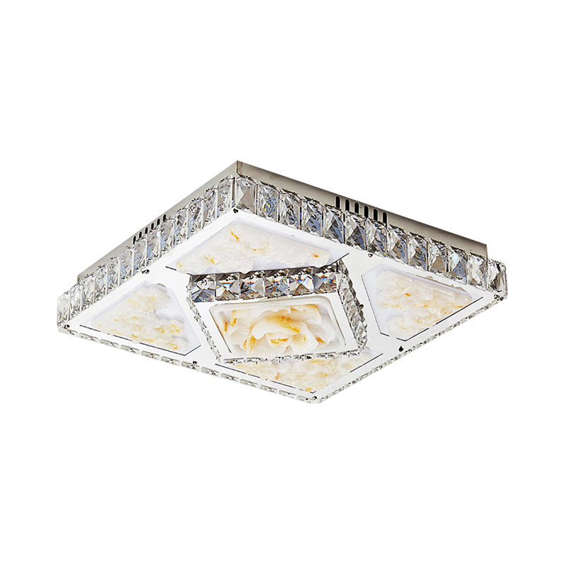 Simplicity Flushmount With Jade Lotus Design In Chrome - Square Bedroom Ceiling Led Crystal Flush
