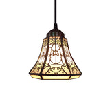 Tiffany Bell Down Mini Pendant - 1 Light Beige Stained Glass Ceiling Lamp For Stair Suspension