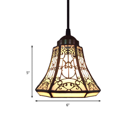 Tiffany Bell Down Mini Pendant - 1 Light Beige Stained Glass Ceiling Lamp For Stair Suspension