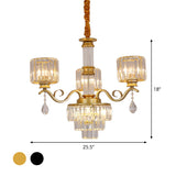 Minimalist Clear Crystal 3-Light Chandelier With Cylinder Shade For Restaurants - Black/Gold