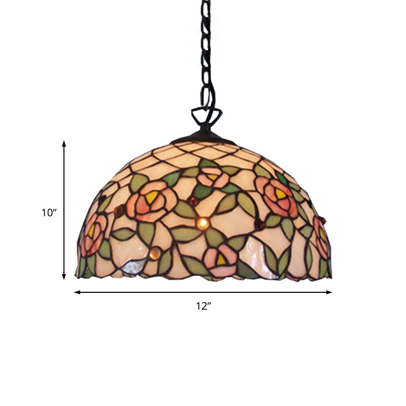 Pink Tiffany-Style Hand-Cut Glass Domed Ceiling Light With Flower Design - 1 Bulb Suspension