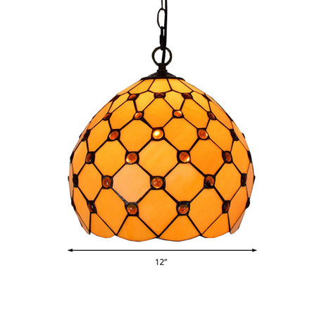Tiffany Single Light Orb Ceiling Lamp - Stained Glass Pendant Fixture With Yellow Jewel For Porch
