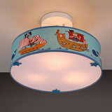 Blue Ship Drum Ceiling Light With 3 Acrylic Lights For Kindergarten