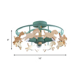 Green Macaron Merry-Go-Round Ceiling Light - Metal And Wood 3 Lights Semi Flush For Dining Room