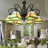 Mission Style Stained Glass Pyramid Pendant Light - 6 Lights Living Room Black