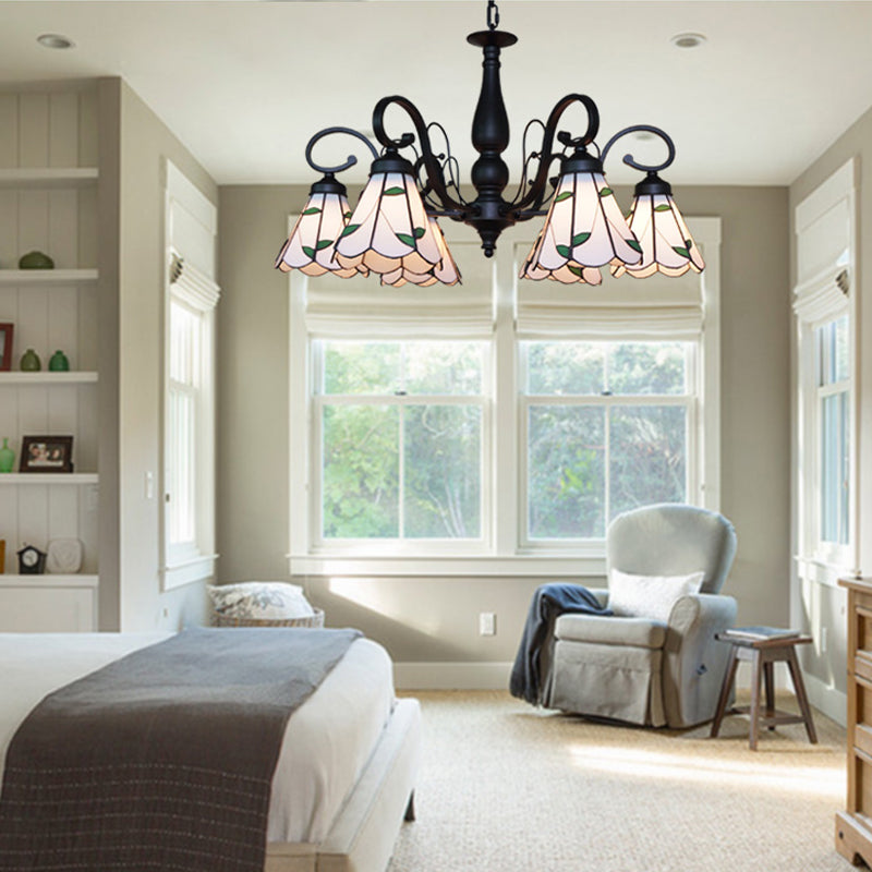 Vintage Beige Glass Cone Chandelier With Rhombus/Leaf Pattern - Ideal For Living Room Indoor