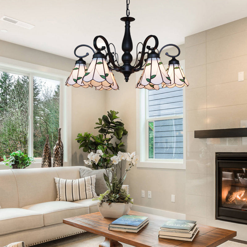 Vintage Beige Glass Cone Chandelier With Rhombus/Leaf Pattern - Ideal For Living Room Indoor