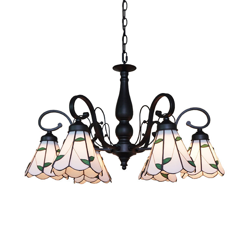 Vintage Beige Glass Cone Chandelier With Rhombus/Leaf Pattern - Ideal For Living Room Indoor