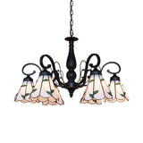 Vintage Beige Glass Cone Chandelier With Rhombus/Leaf Pattern - Ideal For Living Room Indoor