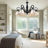 Vintage Beige Glass Cone Chandelier With Rhombus/Leaf Pattern - Ideal For Living Room Indoor