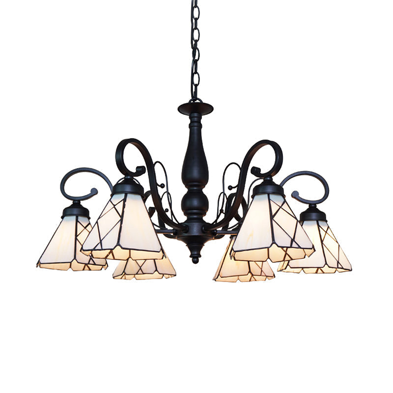 Vintage Beige Glass Cone Chandelier With Rhombus/Leaf Pattern - Ideal For Living Room Indoor